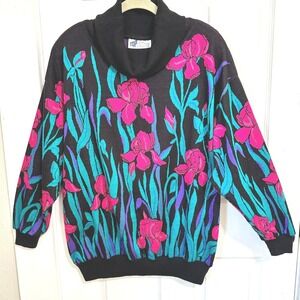 VTG 80s Floral Knit Turtleneck Sweater 2X Black Pink Turquoise Shoulder Pads